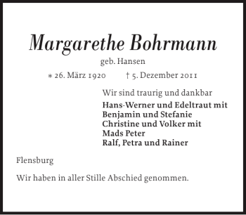 Traueranzeige von Margarethe Bohrmann von Flensburger Tageblatt