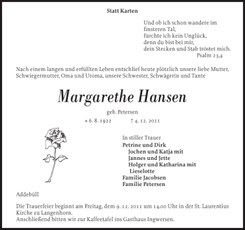 Traueranzeige von Margarethe Hansen von Husumer Nachrichten