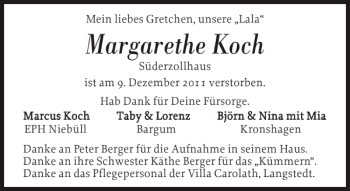 Traueranzeige von Margarethe Koch von Flensburger Tageblatt