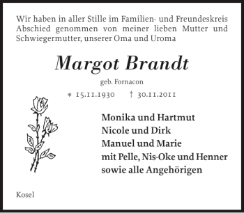 Traueranzeige von Margot Brandt von Eckernförder Zeitung