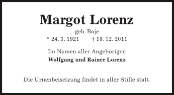 Traueranzeige von Margot Lorenz von Pinneberger Tageblatt