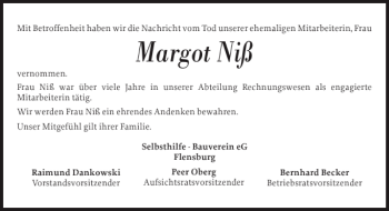 Traueranzeige von Margot Niß von Flensburger Tageblatt