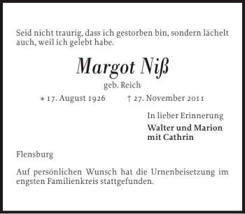 Traueranzeige von Margot Niß von Flensburger Tageblatt