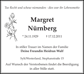 Traueranzeige von Margret Nürnberg von Sylter Rundschau