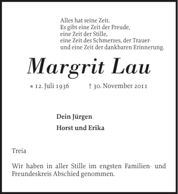 Traueranzeige von Margrit Lau von Schleswiger Nachrichten