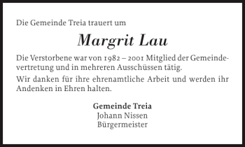 Traueranzeige von Margrit Lau von Schleswiger Nachrichten