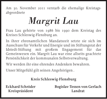 Traueranzeige von Margrit Lau von Schleswiger Nachrichten