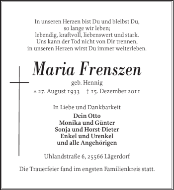 Traueranzeige von Maria Frenszen von Norddeutsche Rundschau