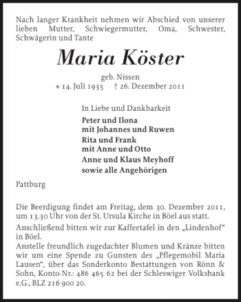 Traueranzeige von Maria Köster von Flensburger Tageblatt