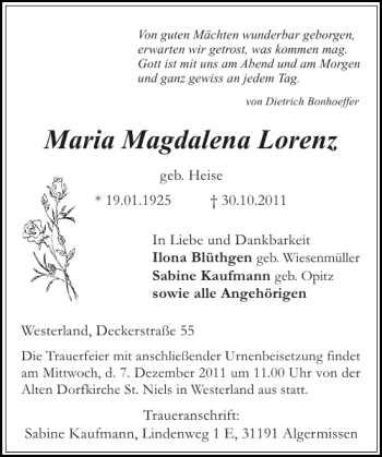 Traueranzeige von Maria Magdalena Lorenz von Sylter Rundschau