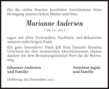 Traueranzeige von Marianne Andersen von Flensburger Tageblatt