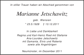 Traueranzeige von Marianne Jetschawitz von Holsteinischer Courier