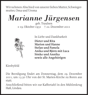 Traueranzeige von Marianne Jürgensen von Schleswiger Nachrichten