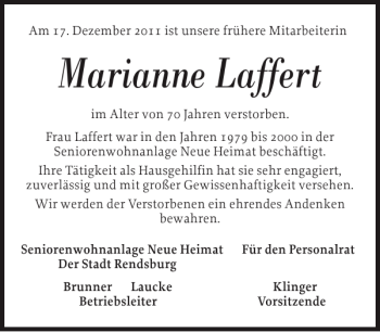 Traueranzeige von Marianne Laffert von Landeszeitung