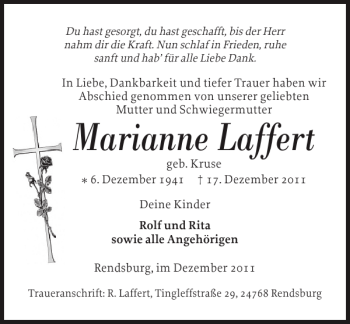 Traueranzeige von Marianne Laffert von Landeszeitung