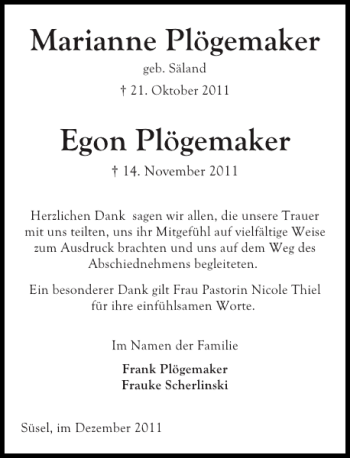 Traueranzeige von Marianne Plögemaker Egon Plögemaker von Ostholsteiner Anzeiger