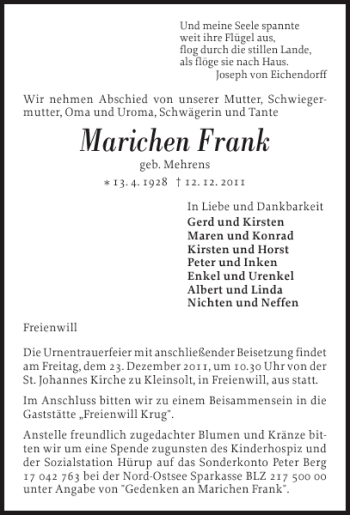 Traueranzeige von Marichen Frank von Flensburger Tageblatt