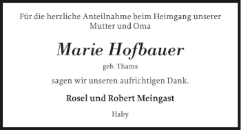 Traueranzeige von Marie Hofbauer von Eckernförder Zeitung