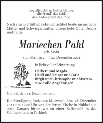 Traueranzeige von Mariechen Pahl von Landeszeitung