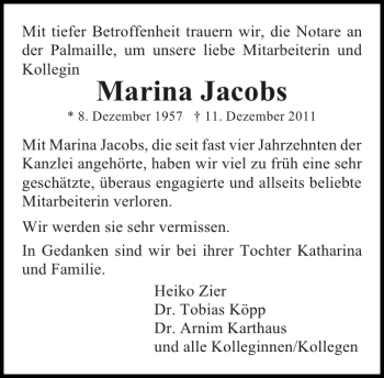 Traueranzeige von Marina Jacobs von Pinneberger Tageblatt