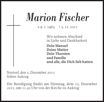 Traueranzeige von Marion Fischer von Holsteinischer Courier