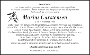 Traueranzeige von Marius Carstensen von Flensburger Tageblatt