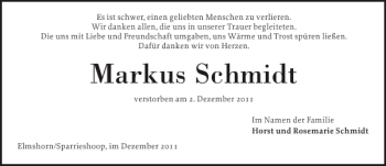 Traueranzeige von Markus Schmidt von Elmshorner Nachrichten