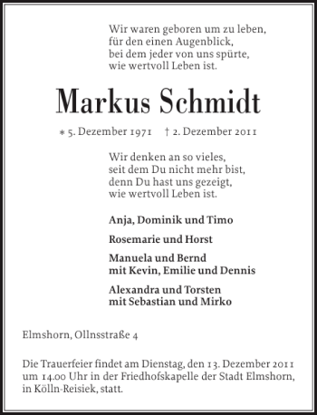 Traueranzeige von Markus Schmidt von Elmshorner Nachrichten