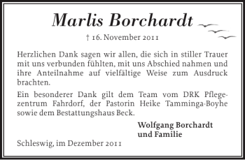 Traueranzeige von Marlis Borchardt von Schleswiger Nachrichten