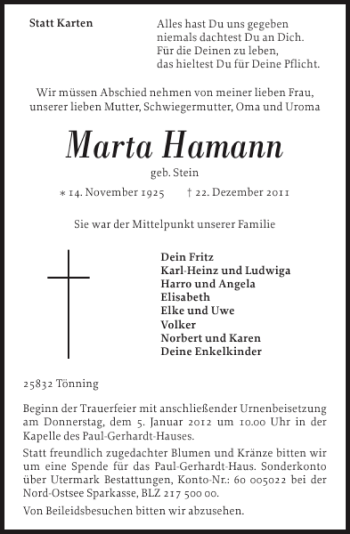 Traueranzeige von Marta Hamann von Husumer Nachrichten