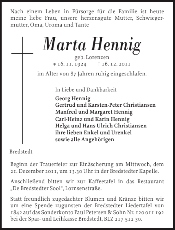 Traueranzeige von Marta Hennig von Husumer Nachrichten