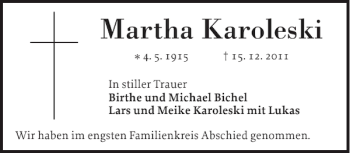 Traueranzeige von Martha Karoleski von Elmshorner Nachrichten