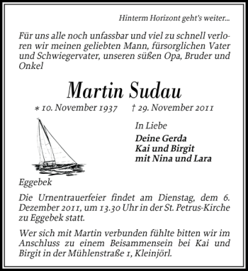 Traueranzeige von Martin Sudau von Flensburger Tageblatt