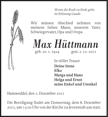 Traueranzeige von Max Hüttmann von Landeszeitung