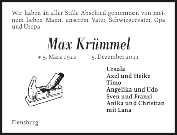 Traueranzeige von Max Krümmel von Flensburger Tageblatt