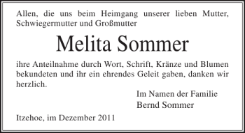 Traueranzeige von Melita Sommer von Norddeutsche Rundschau