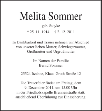 Traueranzeige von Melita Sommer von Norddeutsche Rundschau