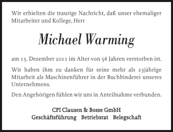 Traueranzeige von Michael Warming von Nordfriesland Tageblatt