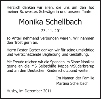 Traueranzeige von Monika Schellbach von Flensburger Tageblatt