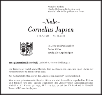 Traueranzeige von Nele Cornelius Japsen von Nordfriesland Tageblatt