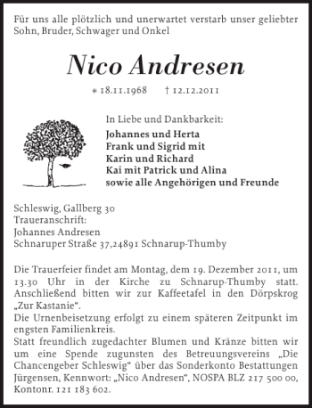 Traueranzeige von Nico Andresen von Schleswiger Nachrichten