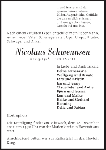 Traueranzeige von Nicolaus Schwennsen von Flensburger Tageblatt