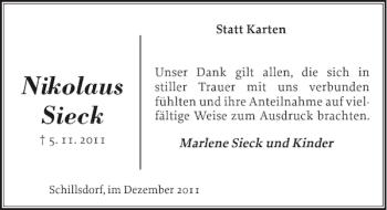 Traueranzeige von Nikolaus Sieck von Holsteinischer Courier