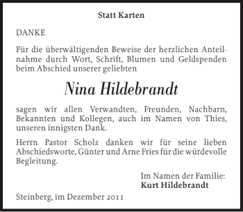 Traueranzeige von Nina Hildebrandt von Flensburger Tageblatt