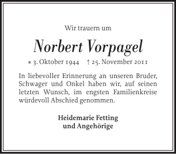 Traueranzeige von Norbert Vorpagel von Flensburger Tageblatt