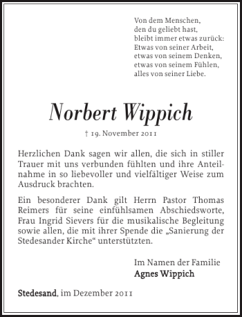 Traueranzeige von Norbert Wippich von Nordfriesland Tageblatt