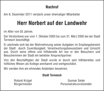 Traueranzeige von Norbert der Landwehr von Pinneberger Tageblatt