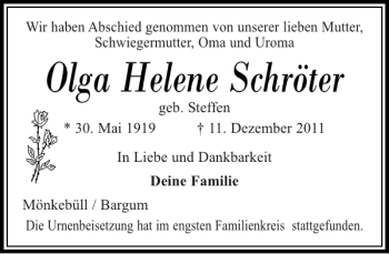 Traueranzeige von Olga Helene Schröter von Husumer Nachrichten