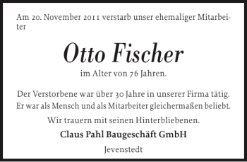 Traueranzeige von Otto Fischer von Landeszeitung
