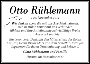 Traueranzeige von Otto Rühlemann von Husumer Nachrichten